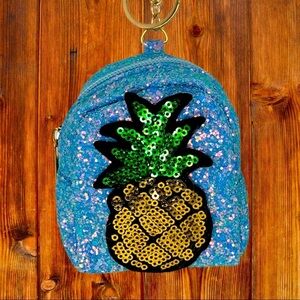 GLITTER PINEAPPLE MINI BACKPACK COIN‎ PURSE KEYCHAIN IN BLUE